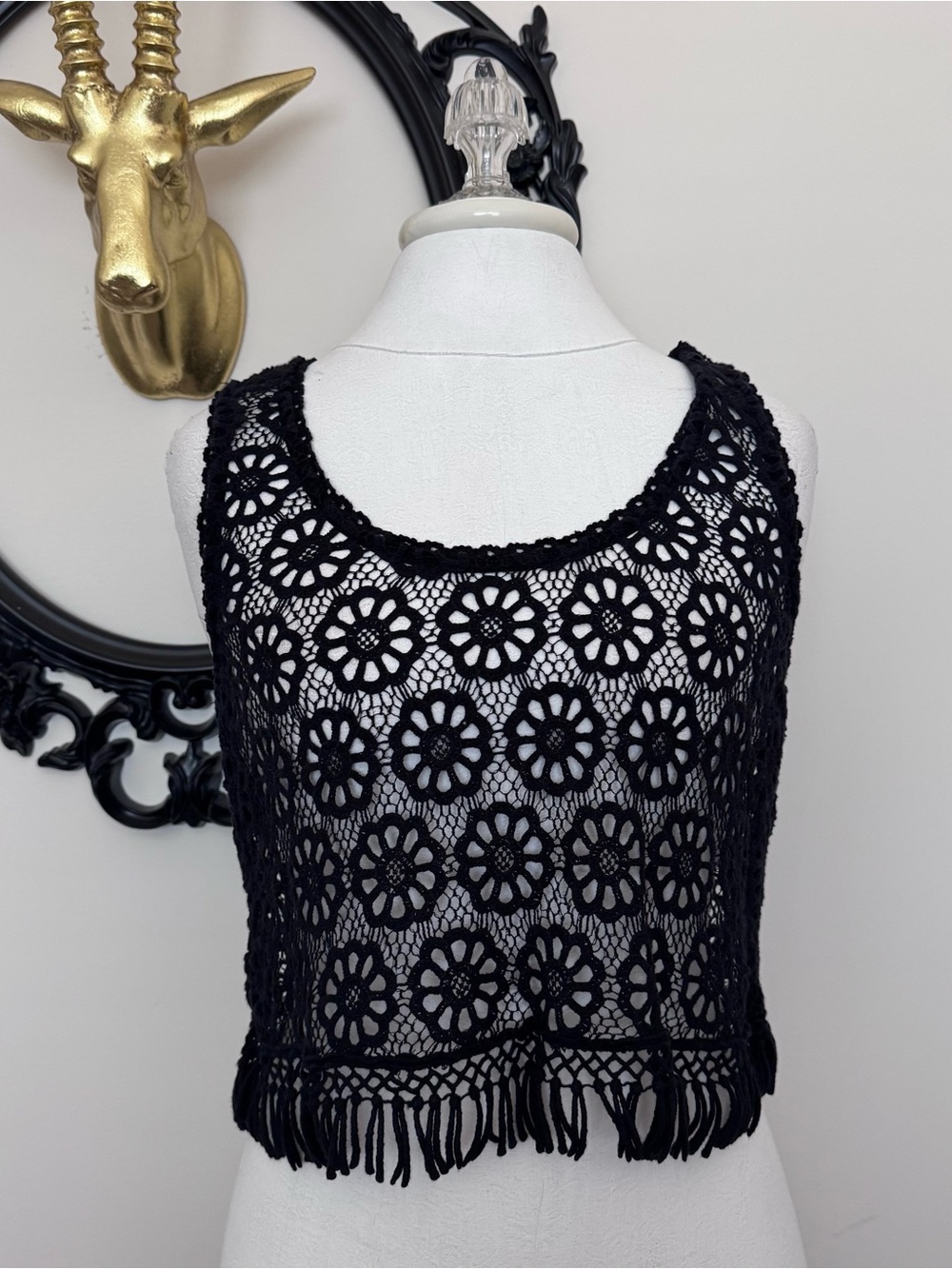 White Crow Black Crochet Floral Fringe Crop Top